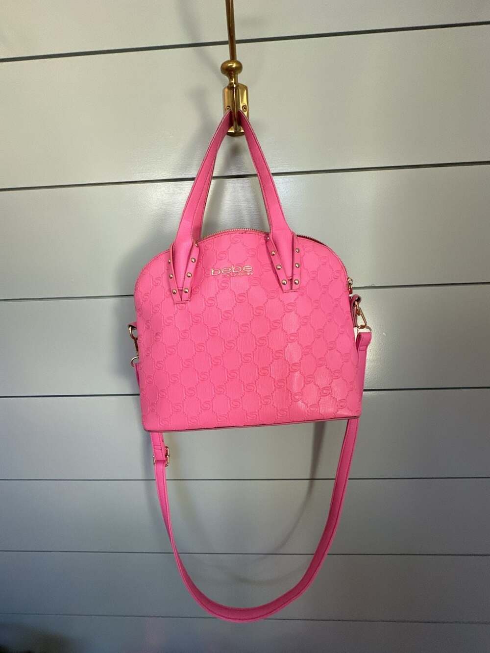 Bebe Hot Pink Monogram Dome Satchel Crossbody Bag with Gold Hardware